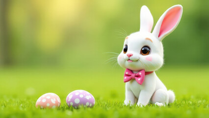 Obraz premium A cute Easter white bunny with a pink bow on his neck sits on green grass, Easter eggs lie nearby, blurred background