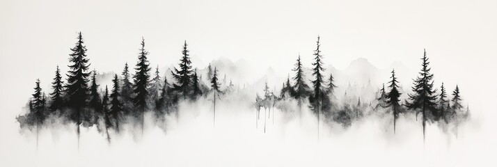 Monochromatic Watercolor Painting Of A Misty Mountain Forest