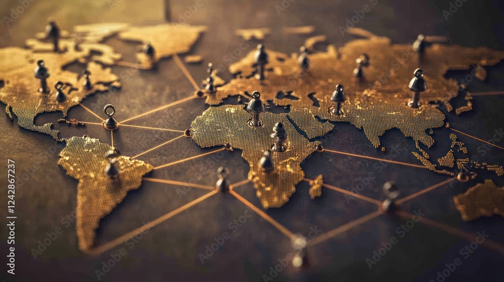 Poster global network connecting world locations through pins