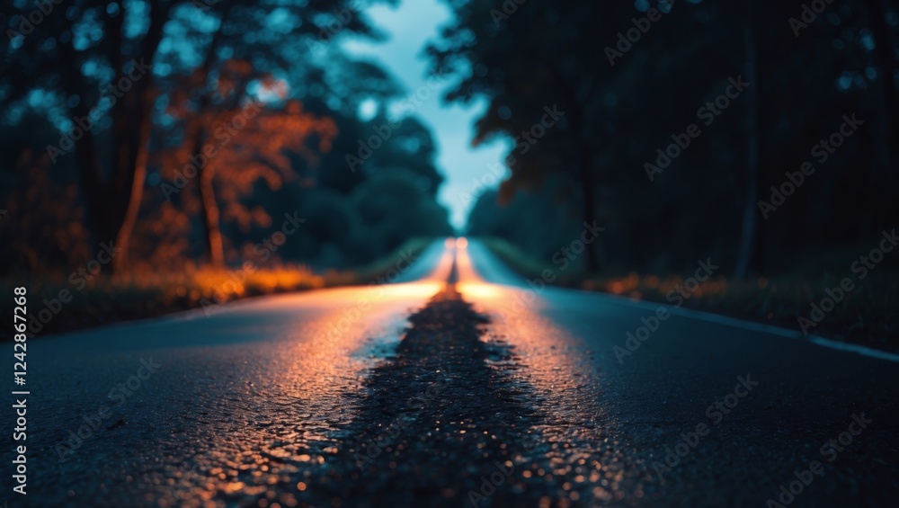 Aufkleber dark winding road illuminated by soft light at dusk surrounded by trees in a tranquil setting