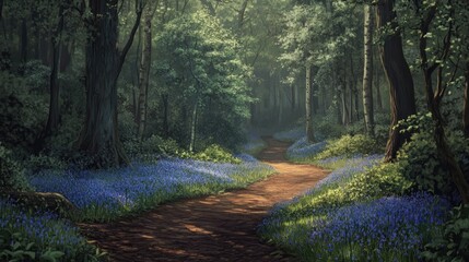 Obraz premium A dreamy forest walk, bluebells carpeting the ground along a winding pathway.