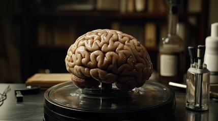 Brain specimen lab study, research, anatomy, science, vintage setting