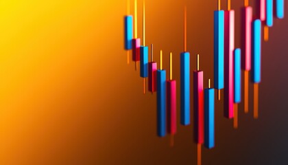 Detailed 3D candlestick stock chart, blue and red bars rising and falling, subtle yellow tones, ideal for modern financial presentations