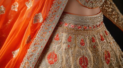 Elegant Indian Wedding Lehenga Choli with Orange Dupatta and Intricate Embroidery