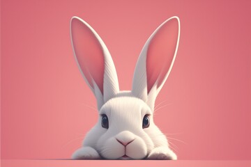 Fototapeta premium Adorable white easter bunny peeking over pink background