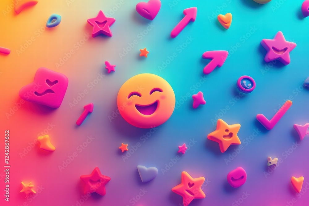 Poster bright and colorful emoji symbols with a cheerful smiley face on a vibrant backdrop in playful desig