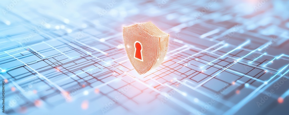Poster digital security system representation with a glowing shield and lock, surrounded by flowing data co