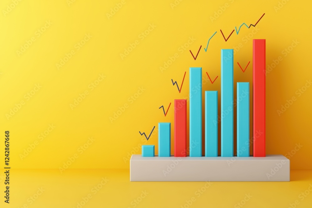 Poster dynamic 3d financial chart with detailed candlestick patterns, blue and red bars, and numeric highli
