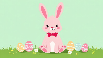 Fototapeta premium Illustration of a pink Easter bunny sitting on the grass among Easter painted eggs on a light background