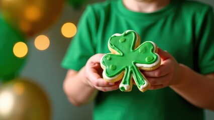 Close-up of child in a green T- shirt holding shamrock cookies with green icing, balloons in the background, concept Saint Patrick's Day 