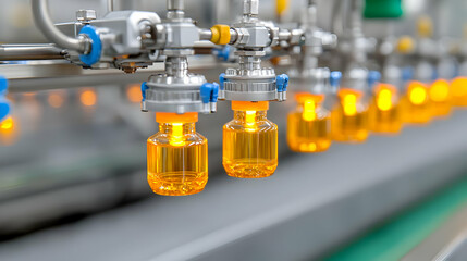 Amber vials on automated production line. Factory background. Industrial pharmaceutical manufacturing