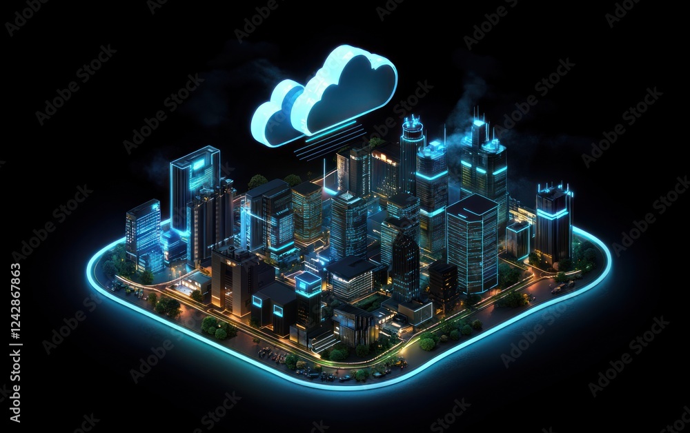 Aufkleber cityscape with a glowing cloud is hovering above it, showing a digital landscape for tech use