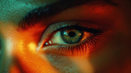 Fototapeta premium Woman's eye, close-up, colorful light, studio, beauty
