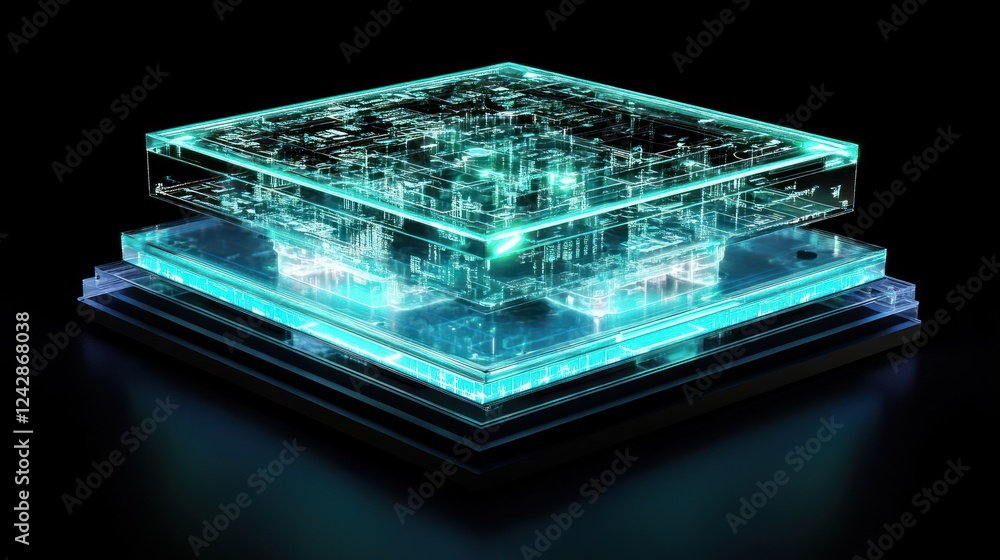 Poster layered glass cube showing internal circuitry design