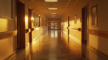 Sunset illuminates long hospital corridor; doors, hallway, calm