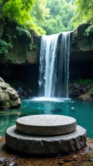 Vertical product mockup photo of stone podium, waterfall with natural pool with blue water in tropical forest with background