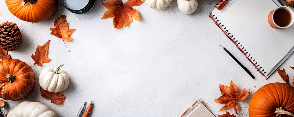 Poster Autumn workspace composition featuring pumpkins and notebook with copy space