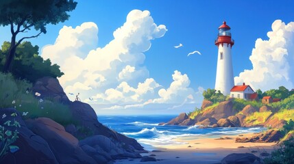 Coastal Lighthouse Scene With Person And Bicycle