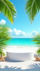 Vertical product mockup photo with a podium, on a beach with white sand, blue sky, palm leaves around, starfish and seashells on the white sand, sea on the background