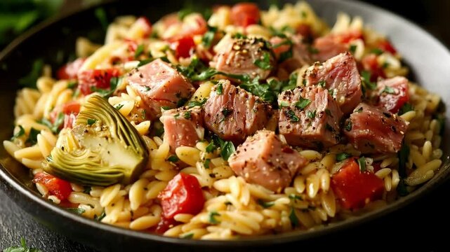 Deliciously Prepared Orzo Pasta with Tender Grilled Tuna Chunks, Fresh Vegetables and Herbs in a Beautiful Plate Presentation
