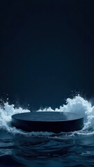 Vertical Black round podium in the middle of water, water hitting the circle, lots of water splashes, blue background