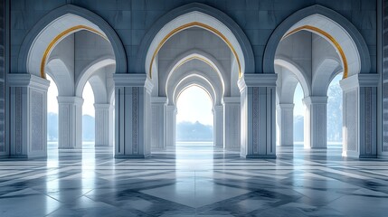 Fototapeta premium islamic background for a mosque in gray. a minimalistic architectural shot of a mosque’s intricately designed arches and windows in shades of gray. architecture design