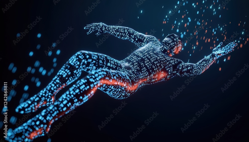 Aufkleber futuristic humanoid figure with a glossy surface, surrounded by cascading binary code in neon blue, 