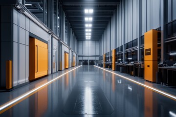 Naklejka premium Futuristic manufacturing facility featuring robotic systems, interconnected workstations, and illuminated data circuits, optimizing production