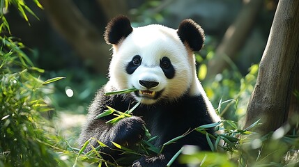 Obraz premium Cute Panda Bear Eating Bamboo on Transparent Background