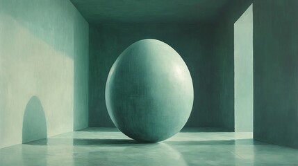 Serene Teal Egg Rests in Minimalist Room Soft Light. AI Generated