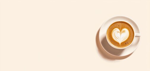 Heart latte art on a creamy cappuccino, served in a simple cup and saucer, minimalist aesthetic on a white canvas