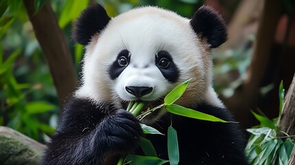 Fototapeta premium Cute Panda Bear Eating Bamboo on Transparent Background