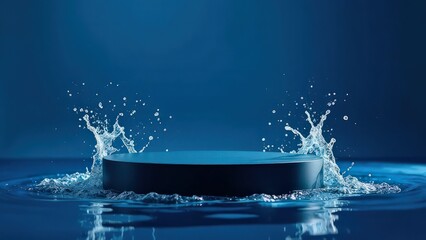 Black round podium in the middle of water, water hitting the circle, lots of water splashes, blue background, high resolution and detail, studio lighting, minimalistic photography, shadows