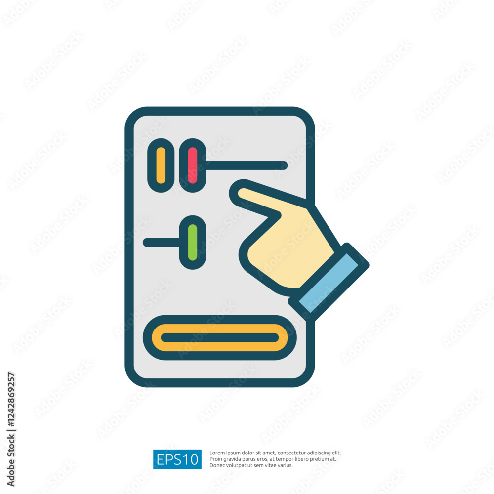 Aufkleber hand adjusting slider controls on user interface for education icon in digital graphic design
