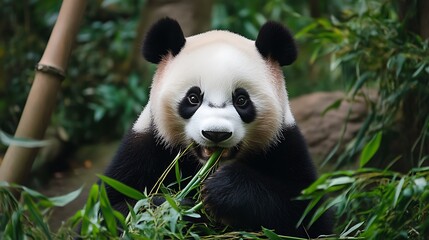Fototapeta premium Cute Panda Bear Eating Bamboo on Transparent Background