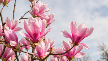 Obraz premium Blooming magnolia flowers against a soft sky, spring beauty