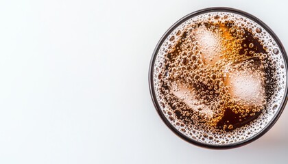 High-detail glass of fizzy soda water with ice cubes, crisp bubbles visible, minimalist composition on a white background