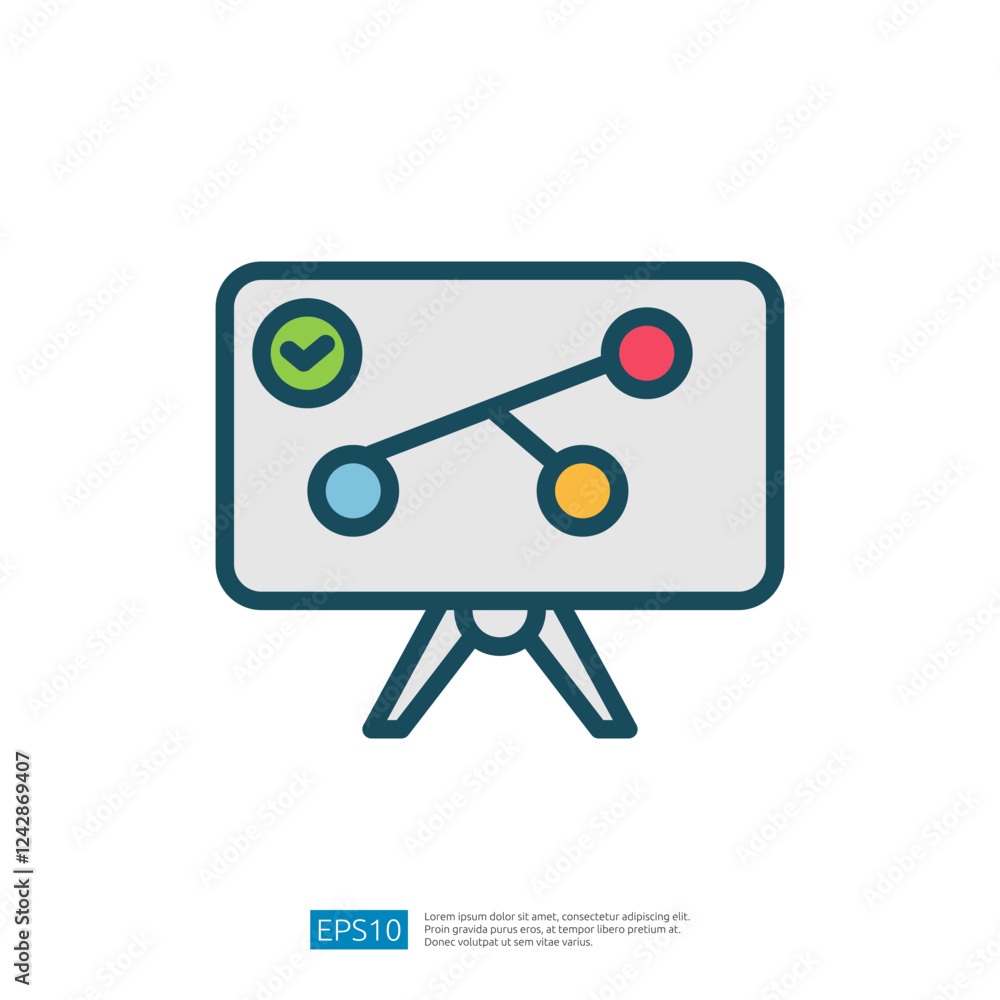 Poster Colorful Educational Icon Depicting Data Visualization on a Whiteboard with Nodes and Connections in Workspace Setting