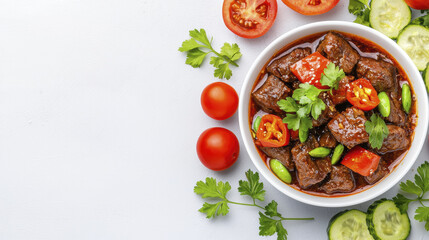 Delicious beef rendang served with fresh vegetables, garnished with herbs