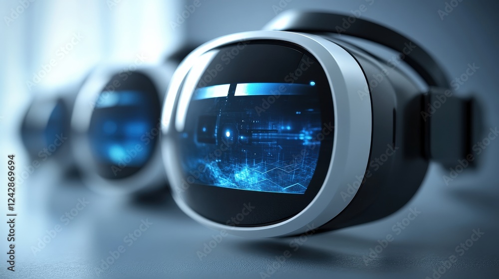 Poster close-up of futuristic virtual reality headsets showcasing digital interface in a tech environment
