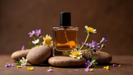 Product mockup photo with a glass perfume bottle with a dark cop, centered atop an arrongement of natural brown stones, warm brown background 