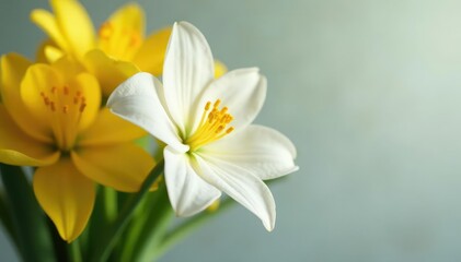 White corolla with visible yellow stamens in a vase, yellow, flowers