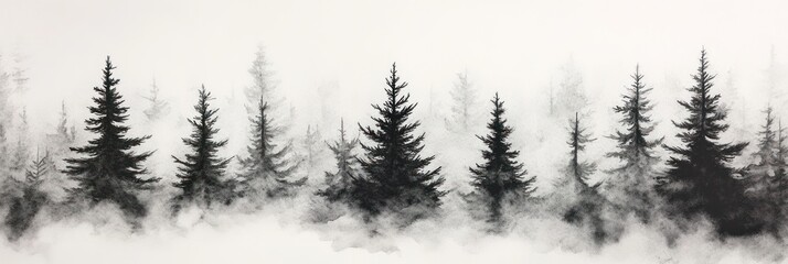 Misty Forest Dark Pines Watercolor Painting