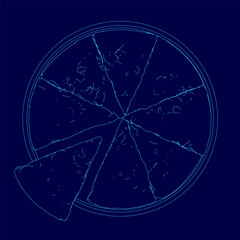 A blue image of a pizza pie. The image is stylized and has a blue color scheme