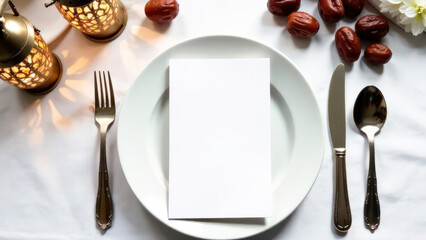 Mock up white card with a place for menu text lies on a white plate, on a white tablecloth, dates, Muslim lanterns nearby, Ramadan Iftar concept