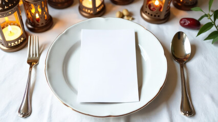 Mock up white card with a place for menu text lies on a white plate, on a white tablecloth, dates, Muslim lanterns nearby, Ramadan Iftar concept