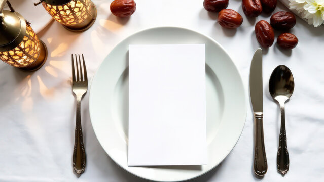 Mock up white card with a place for menu text lies on a white plate, on a white tablecloth, dates, Muslim lanterns nearby, Ramadan Iftar concept