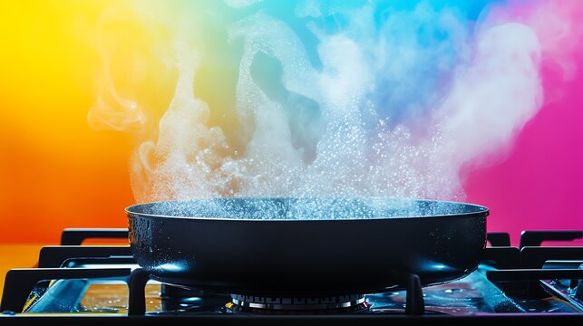 Boiling water on the stove isolated on a colorful background