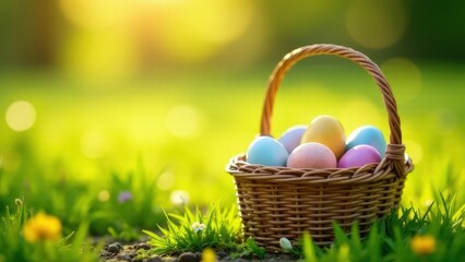 Obraz premium Close-up of a basket full of Easter decorated pink, yellow and blue eggs standing on the green grass to the right, with space for text, Easter concept