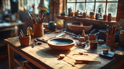Rustic studio pottery workshop sunlight tools craft